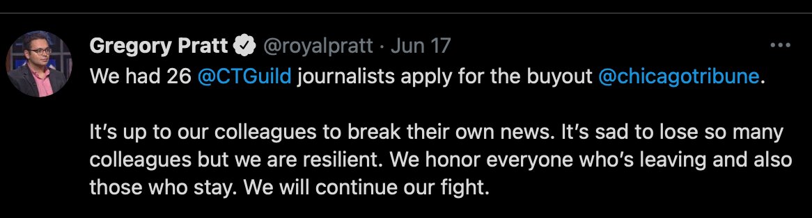 Chicago Tribune reporter and the Connecticut Guild president, Gregory Pratt, tweeted about buyouts and the surreal scenario of "breaking news" about their own fate.
